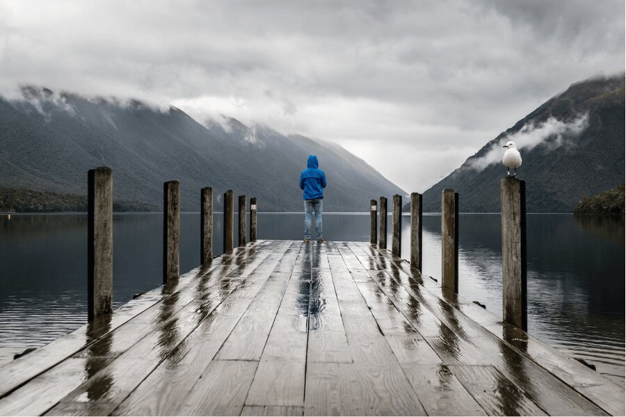 Outdoor v daždi. Zdroj: https://www.pexels.com/sk-sk/foto/ryma-drevo-rozbresk-krajina-395196/