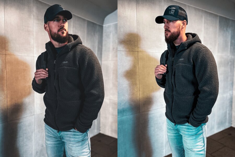 Tilak Nuuk – tmavá fleece mikina z Polartec Thermal Pro, mestské prostredie, dve perspektívy; vrecká na zips, pohodlný strih. Foto: Rigad